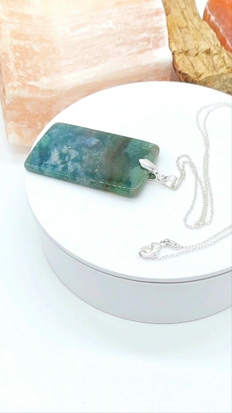Large Moss Agate Necklace Natural Gemstone Statement Pendant - Picture 4 of 6